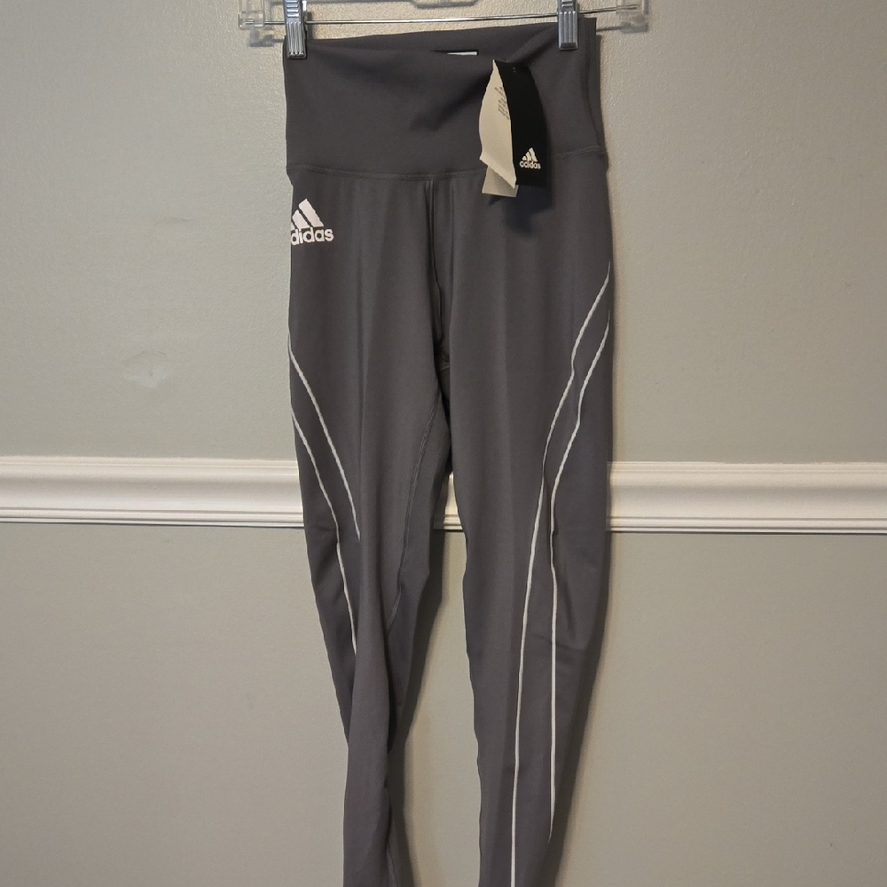 adidas Gray Athletic Leggings with White Piping